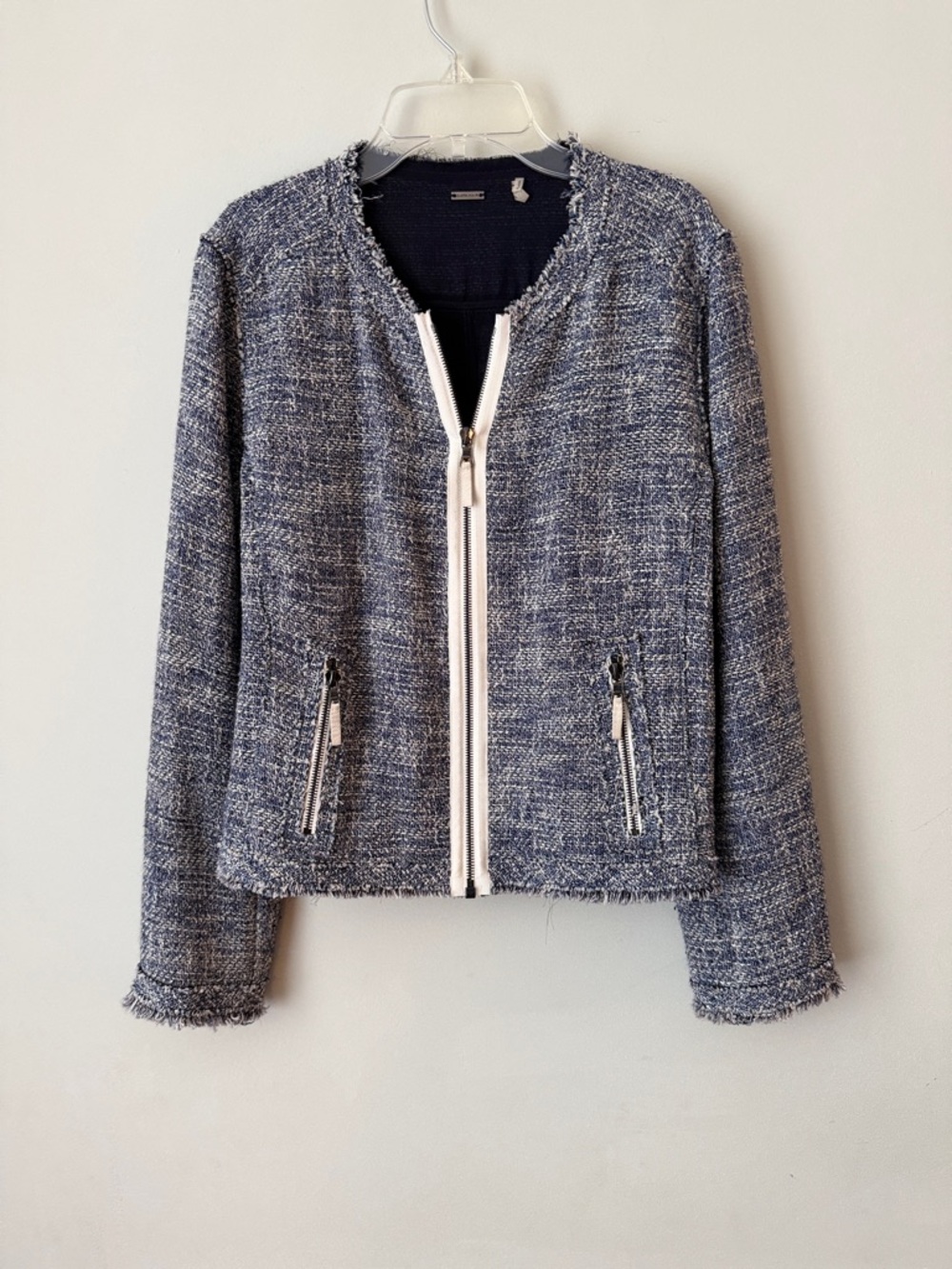 Elie Tahari Navy Frayed Edge Tweed Zip-Front Blazer with White Trim